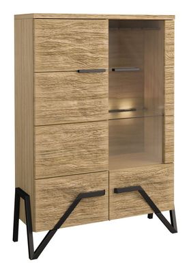 Vitrine Kastav 11, Farbe: Eiche / Schwarz, teilmassiv - 140 x 100 x 40 cm (H x B