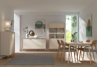 Esszimmer Set | 4-teilig | Farbe: Beige | 1 Vitrine | 1 Sideboard | 1 Highboard