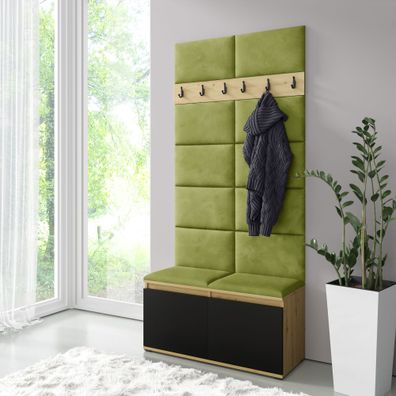 Garderobe 01 mit Polsterpaneele Sitzbank & Wand | Artisan/Schwarz/Yellow Green