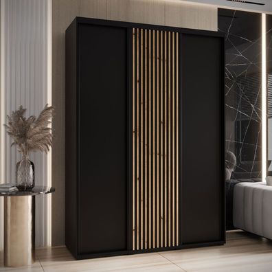 Schwarzer Schiebetürenschrank Tharo, modernes Design, schwarze Metallgriffe, Ant