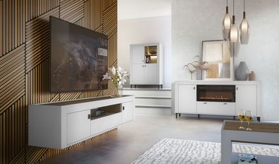 Modernes Wohnzimmer Komplett - Set R Barbe, Farbe: Weiß matt / Eiche, praktisch