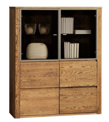 Vitrine Jussara 02, Farbe: Bernstein, Eiche teilmassiv - 150 x 124 x 42 cm (H x
