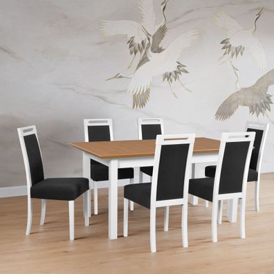 Tischgruppe X mit 6 Stühlen, großer Esszimmer Tisch in Weiß/Eiche, modernes und