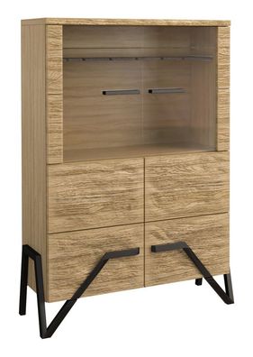 Vitrine Kastav 09, Farbe: Eiche / Schwarz, teilmassiv - 140 x 100 x 40 cm (H x B