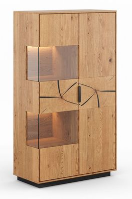 Vitrine Rania 13 mit 10 Fächern, Massivholz Eiche Natur, 147 x 83 x 39 cm, 2 Tür