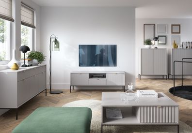 Wohnzimmer Komplett - Set P Worthing, 5-teilig, Farbe: Grau / Schwarz / Gold