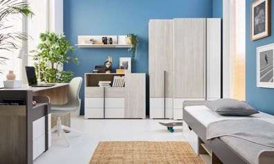 Schlafzimmer Komplett - Set E Schilde, 7-teilig, Farbe: Eiche Weiß / Weiß / Anth