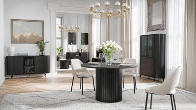 Esszimmer Komplett - Set F Annelin, 6-teilig, in Schwarz, je 1 Vitrine und Kommo
