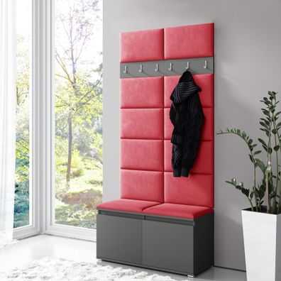 Garderobe 01 mit Roten Polsterpaneele für Sitzbank und Wand, Graphit/Red, 215 x