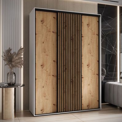 Schiebetürenschrank Mina in Weiß/Eiche, Metallgriffe in schwarz, Front aus lamin