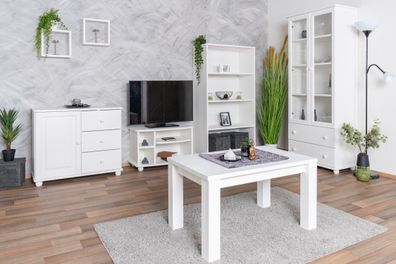 Wohnzimmer Komplett - Set H Junco, 7-teilig, Weiß, Kiefernholz, Massivholz, Land