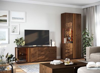 Wohnzimmer Komplett - Set D Sienne, 3-teilig, Massivholz Wildeiche, getöntes Gla