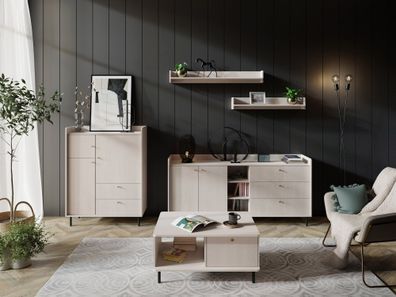 Wohnzimmer Set | 5-teilig | Farbe: Beige mit Holzstruktur | Griffe & Beine: Meta