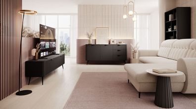 Modernes Wohnzimmer - Set B Sloughia, 3-teilig, ABS-Kantenschutz, Farbe: Schwarz
