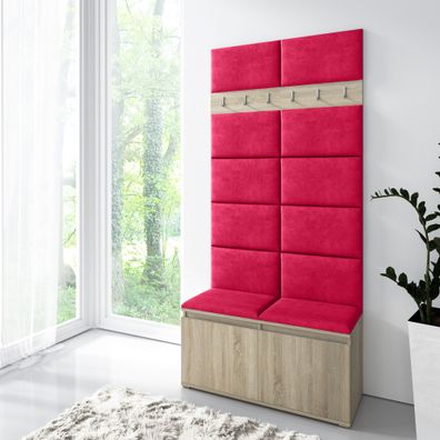 Kleine Garderobe 01 mit Roten Polsterpaneele, 6 Kleiderhaken, 4 Fächer, Sonoma E