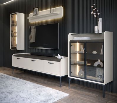 Wohnzimmer - Set B Manono | 4-teilig | Farbe: Creme | LED-Beleuchtung | Soft Clo
