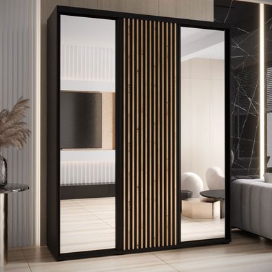 Schwarzer Kleiderschrank mit Spiegeln Mina, schwarze Metallgriffe, inklusive Ant