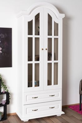 Weiße Vitrine Kiefer Massivholz Pipilo 06, sehr geräumig, 224 x 95 x 40 cm, mit