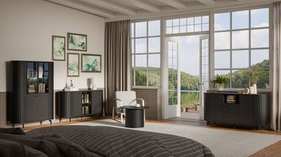 Schlafzimmer - Set G Annelin, 6-teilig, in Schwarz, 1 Vitrine und 1 Kommode mit
