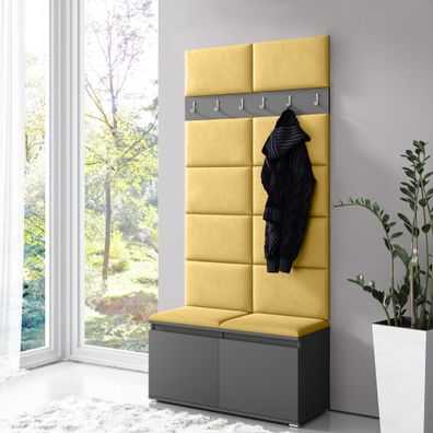 Garderobe 01 mit Sitzbank und Wand gepolstert, Graphit/Naples Yellow, 215 x 100