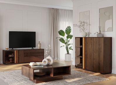 Wohnzimmer Komplett - Set E Sienne, 3-teilig, Massivholz Wildeiche, getöntes Gla