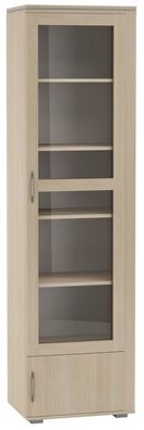 Schmale Vitrine mit 5 Fächern Kainanto 09, Farbe: Eiche / Grau, 2 Türen, 4 Holze