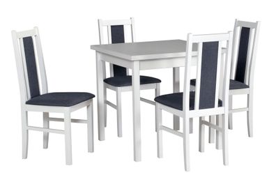 Essgruppe M mit 4 Sesseln, Holzfarbe: Weiß, Polster: Dunkelgrau, robustes Holz,