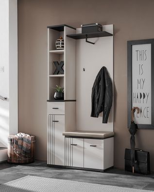 Garderobe mit Sitzgelegenheit | Farbe: Kaschmir / Schwarz | Maße: 90 x 32 x 203