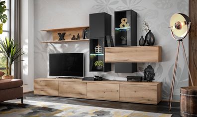 Wohnwand | Farbe: Eiche Coast Evoke / Schwarz matt | inkl. LED-Beleuchtung | Maß