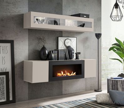Wohnwand | Farbe: Kaschmir | 1 Hängevitrine | 1 TV-Unterschrank mit Bio-Ethanol