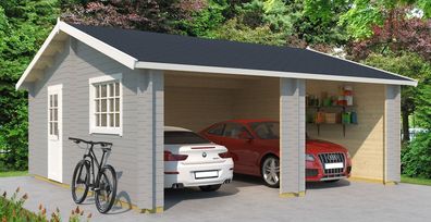 Doppel-Holzgarage H91 inkl. seitliche Eingangstür und Doppelfenster, 575 x 575 c
