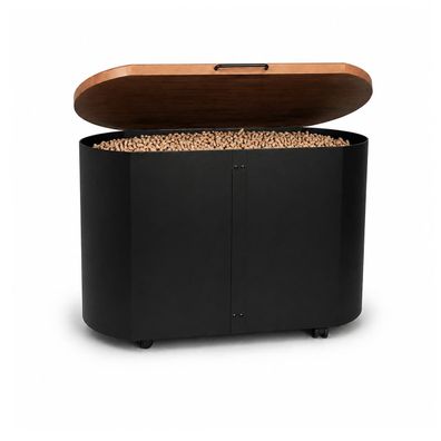 Pelletbehälter schwarz rollbar mit Holzdeckel - Pelletbox Pelletwagen Metall