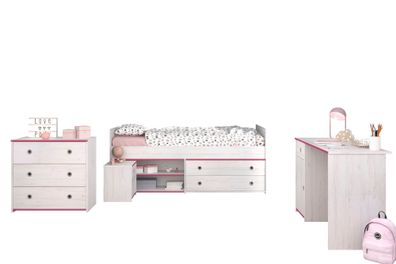 Kinderzimmer Set Parisot Smoozy 4-tlg. Holzdekor Kiefer Weiß/Pink