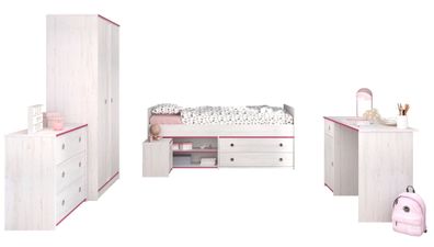 Kinderzimmer Set Parisot Smoozy 5-tlg. Holzdekor Kiefer Weiß/Pink