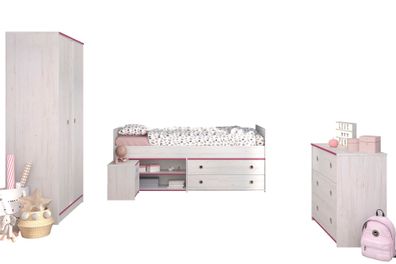Kinderzimmer Set Parisot Smoozy 4-tlg. Holzdekor Kiefer Weiß/Pink