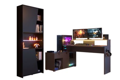 Gaming Schreibtisch Pasha 2 mit LED+Regal Holznachbildung Grau/Schwarz