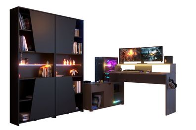 Gaming Schreibtisch Pasha 1 mit LED+Regal Holznachbildung Grau/Schwarz