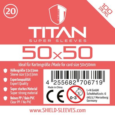 Shield Titan 20 - 100 Super Sleeves für Kartengröße 50x50 mm