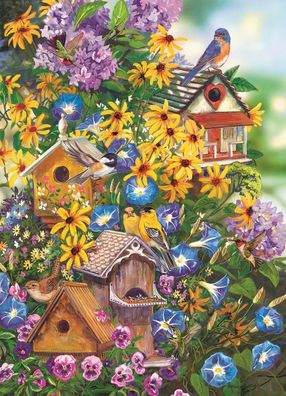 Vogelhäuser und Sonnenblumen