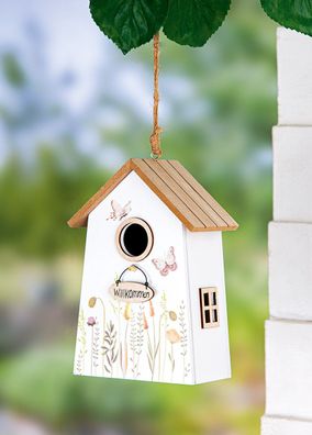 Gilde Hänger, Vogelhaus, "Willkommen", Blumenmotiv, Schmetterlingmotiv, Holz,