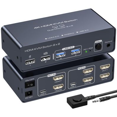 Vedindust KVM Switch 2 PC 2 Monitore 4K 60Hz mit USB 3.0