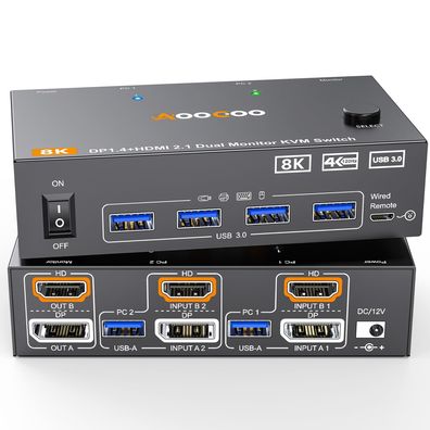8K AOOCOO KVM Switch 2 PC 2 Monitore HDMI DP USB 3.0