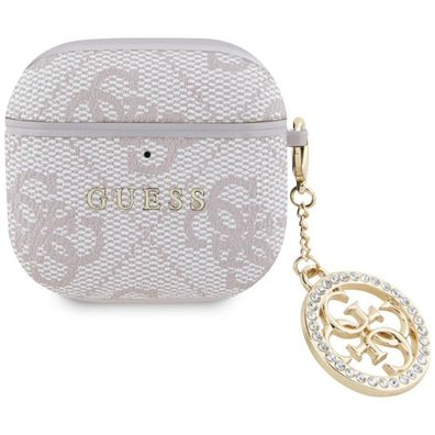 Hülle Case AirPods 4 Guess Kunstleder rosa Logo Metal Kette Strass goldfarbig
