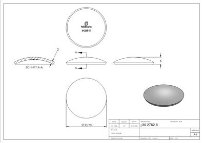 Klöpperboden Rohrabschluss Ø 33,7x2,0 mm Stahl roh Höhe: 6 mm