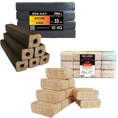 PINI Premium Holzbrikett Set - Buchenholz RUF 10kg + Eichenholz PINI KAY 10 kg 30cm