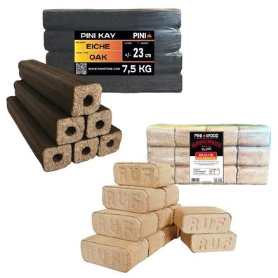 PINI Premium Holzbrikett Set - Buchenholz RUF 10kg + Eichenholz PINI KAY 10 kg 30 cm