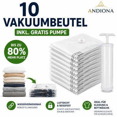 Andiona® 10 Vakuumbeutel Set + GRATIS pumpe Platzsparbeutel Kleidung Reise Bett