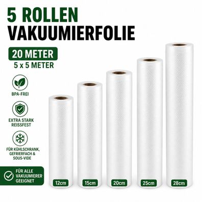 Andiona 5er Set Vakuumierrollen 5m Länge - Breite wählbar 12cm bis 28cm BPA-frei