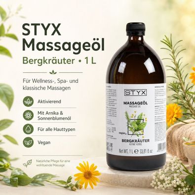 STYX Bergkräuter Massageöl 1 Liter - Naturöl für Wellness & Spa