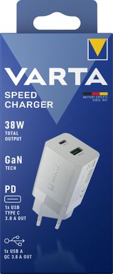 Varta Wandladegerät – 38W Schnellladegerät mit USB-A und USB-C, Weiß